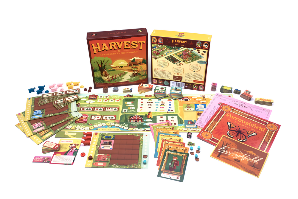 Colorful board game "Harvest" displayed with its box, game boards, cards, tokens, and player pieces arranged around it.