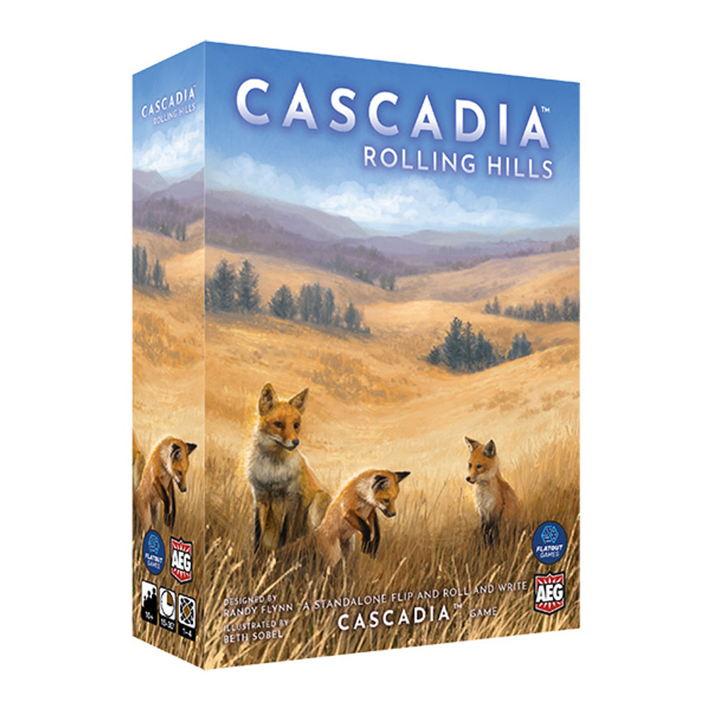 Cascadia: Rolling Hills board game box featuring a scenic landscape with foxes in a grassy field.