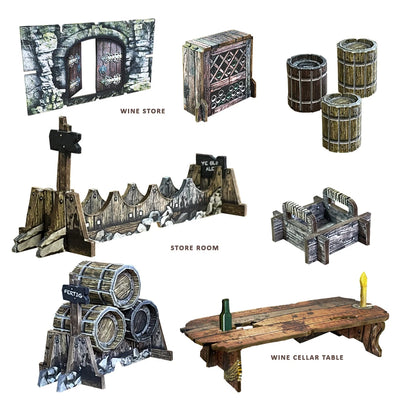 A collection of tabletop miniatures for a fantasy dungeon wine cellar, including a wine store entrance, barrels, and a wine cellar table.