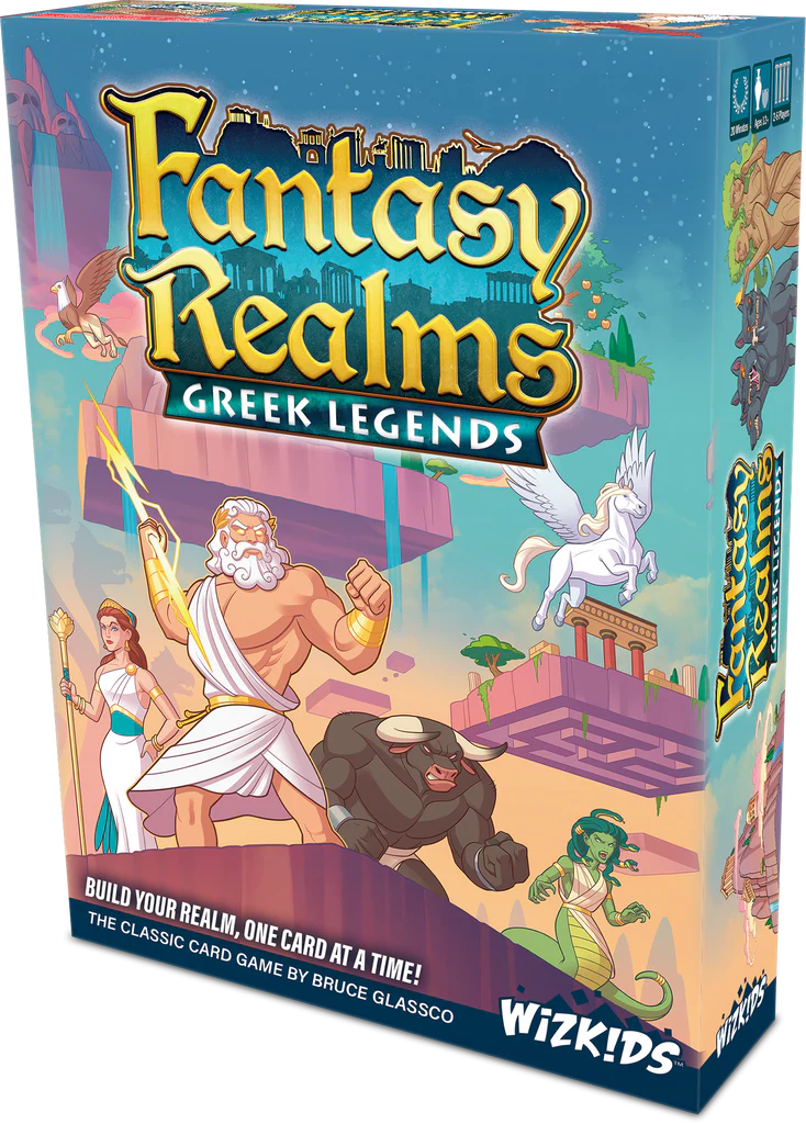 Colorful box art for Fantasy Realms: Greek Legends, featuring Greek gods and mythical creatures, showcasing the game's theme.