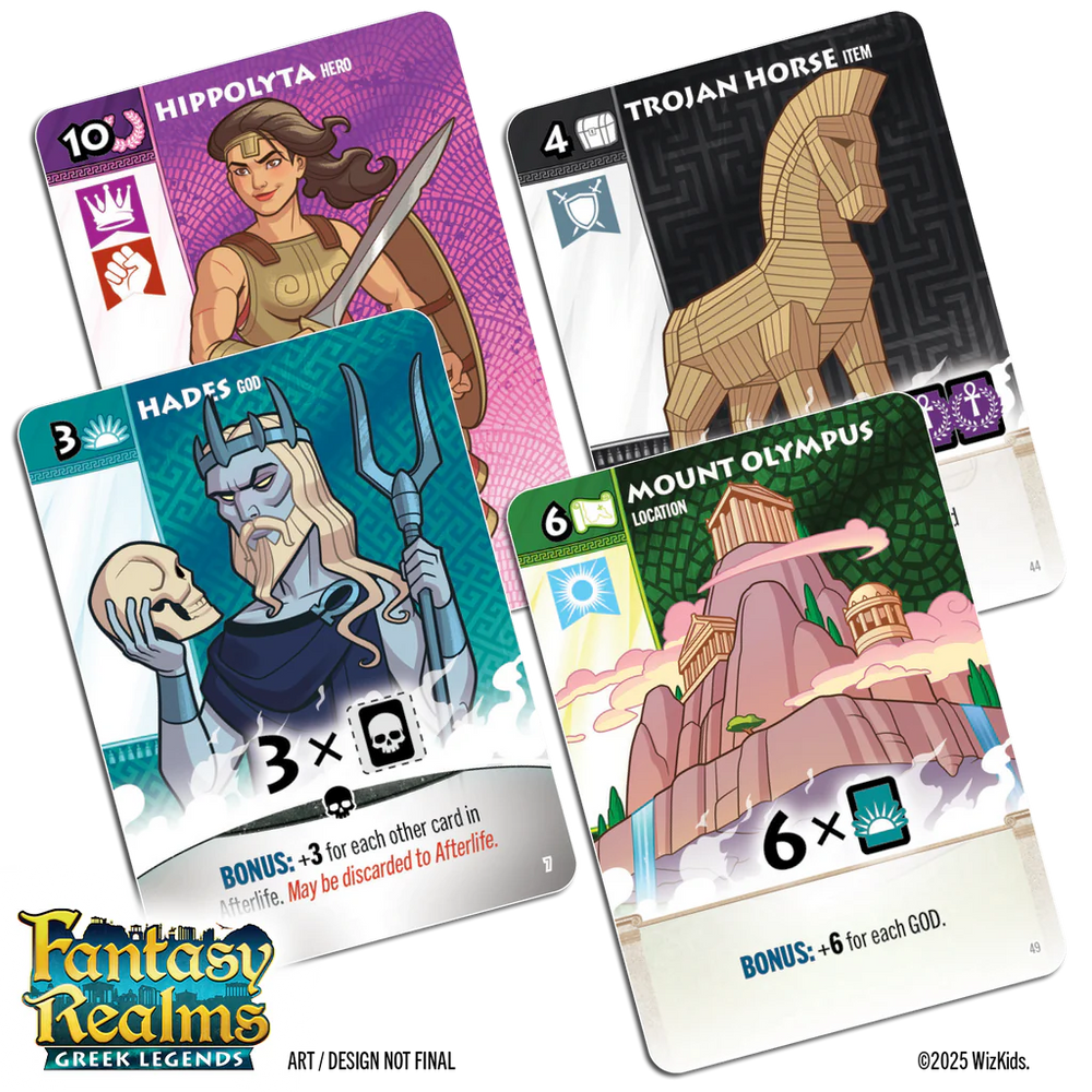 Fantasy Realms: Greek Legends preorder image featuring Hippolyta, Trojan Horse, Hades, and Mount Olympus cards.