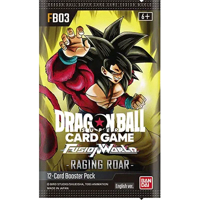 Dragon Ball Super Fusion World Raging Roar booster pack featuring Goku in a dynamic pose, showcasing vibrant artwork.