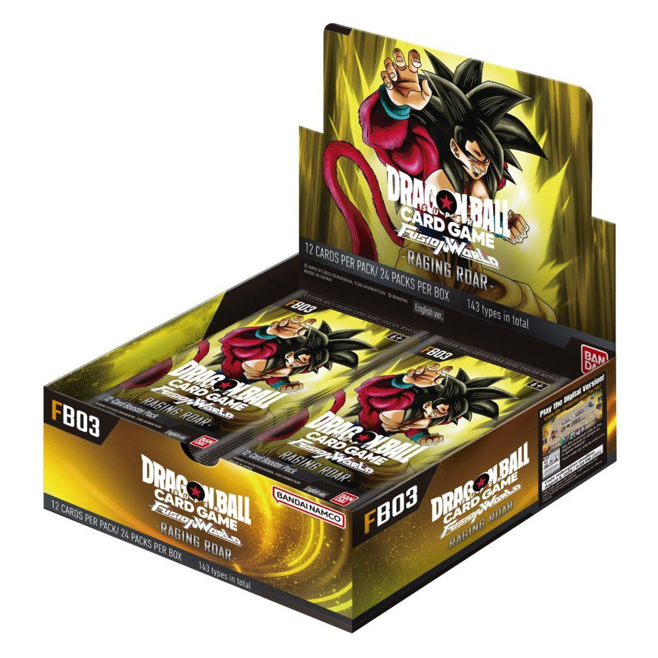 Dragon Ball Super TCG Fusion World Raging Roar FB03 booster box displaying packs and vibrant artwork featuring iconic characters.