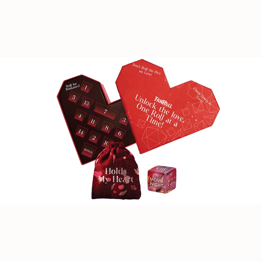 Valentine's Day Advent Calendar by Fanroll featuring a heart-shaped box, dice, and a red drawstring bag.