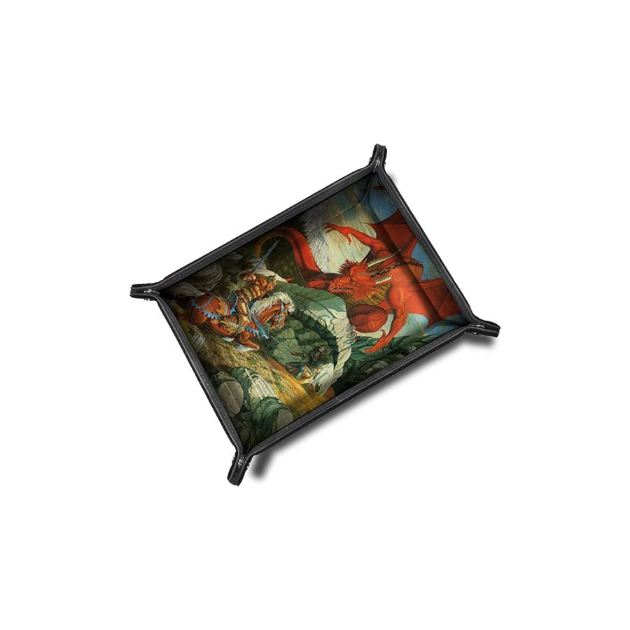 Dice tray featuring vibrant artwork by Larry Elmore, depicting a dragon and adventurer in an epic fantasy scene.