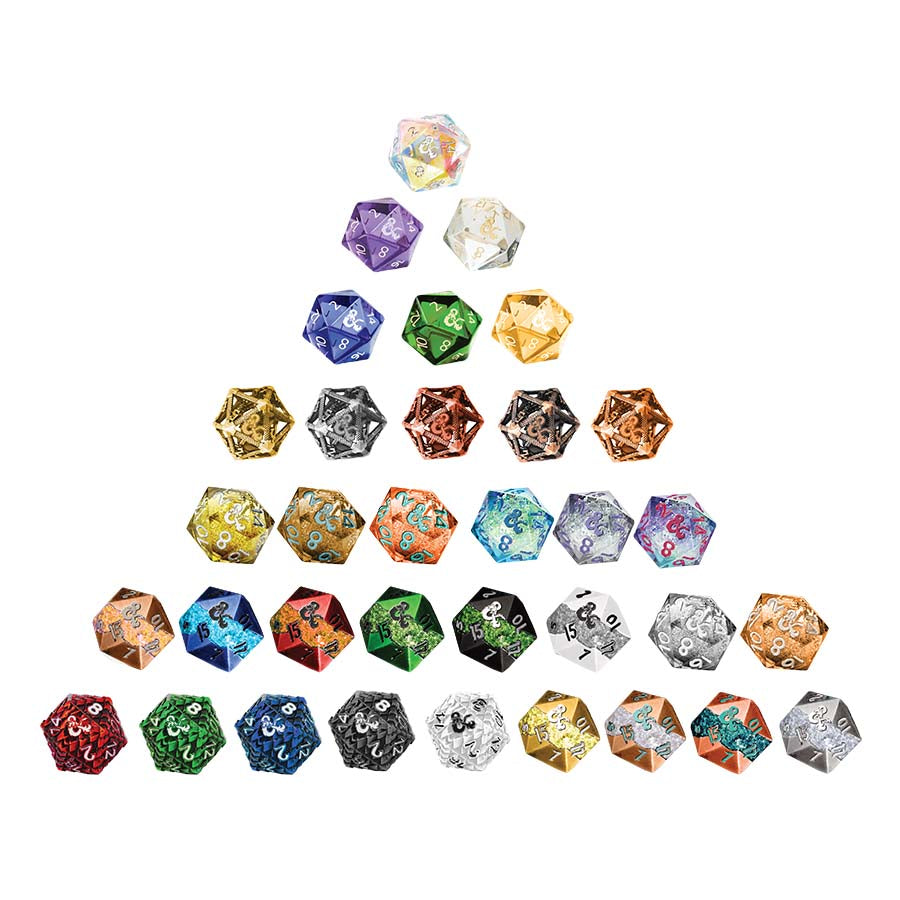 Colorful polyhedral dice arranged in a pyramid shape, showcasing various designs and colors for tabletop gaming.