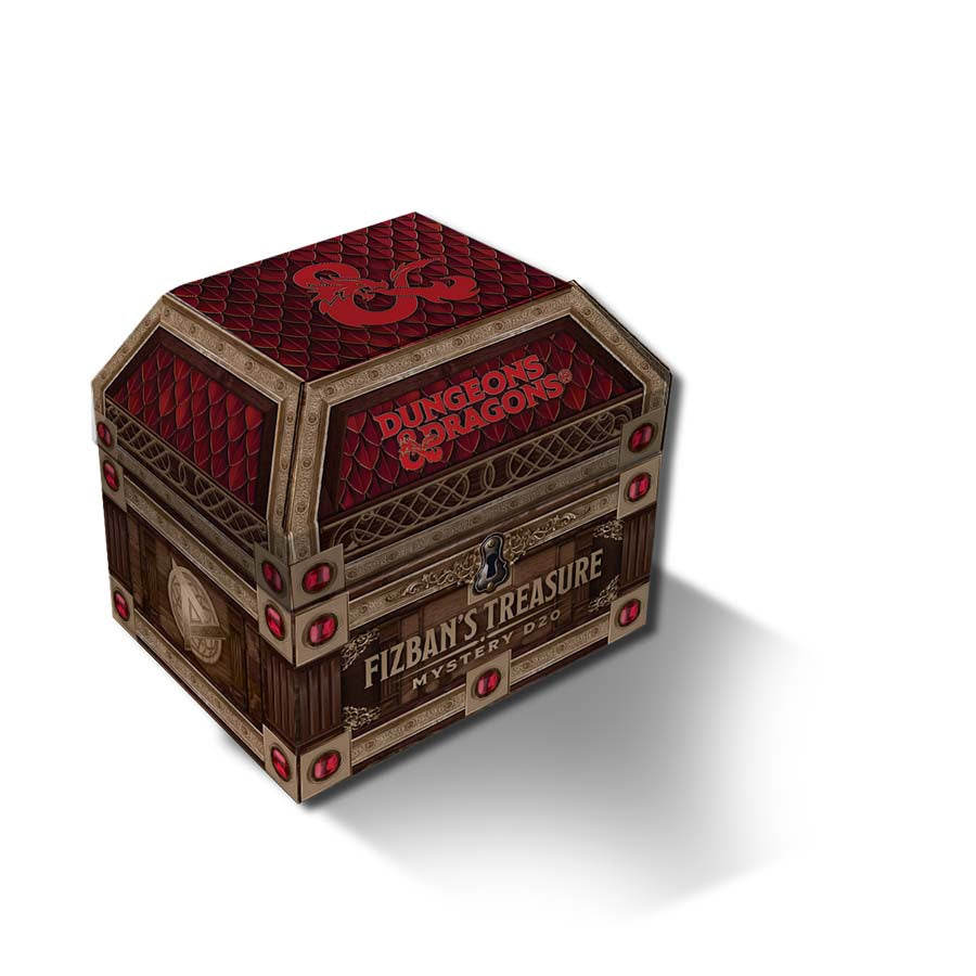 Dungeons & Dragons Fizban's Treasure Misfit Blind Mystery Box featuring intricate designs and a vibrant red lid.