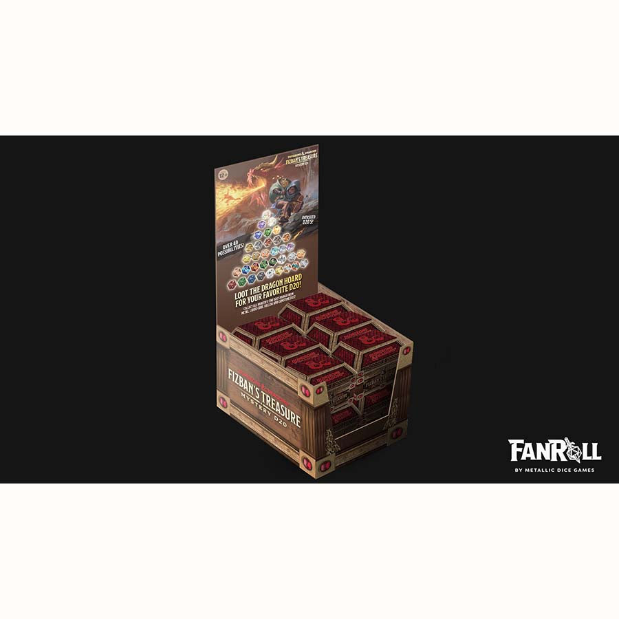 Dungeons & Dragons Fizban's Treasure Misfit Blind Mystery Box display featuring multiple collectible boxes for tabletop gaming.