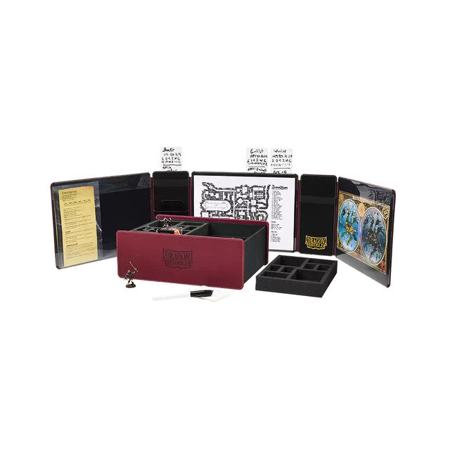 Dragon Shield Blood Red Game Master Companion features a sturdy box with compartments, maps, and game accessories for tabletop gaming.