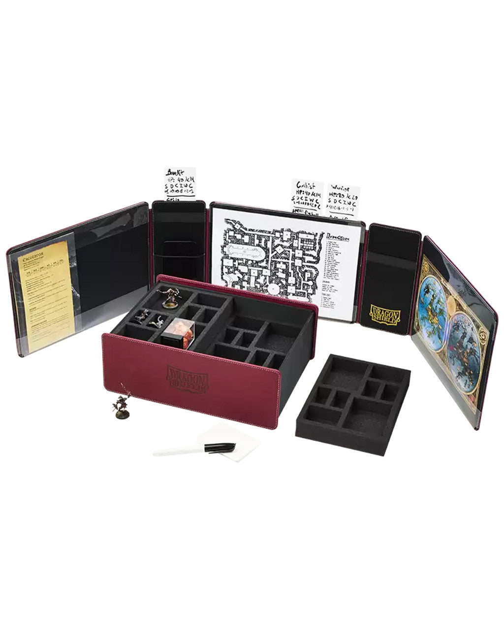 Dragon Shield Blood Red Game Master Companion features a spacious organizer with compartments, maps, and accessories for tabletop gaming.