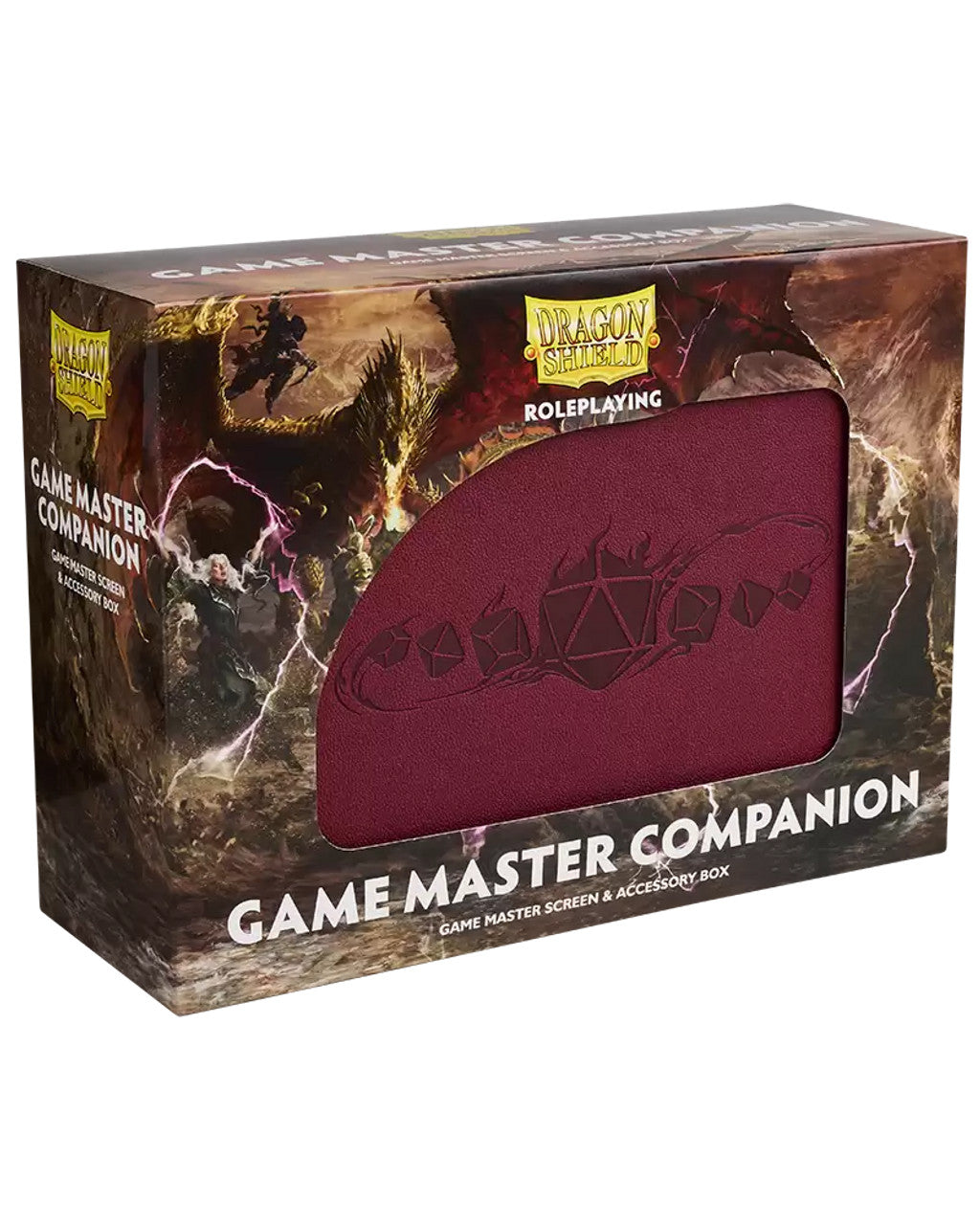 Dragon Shield Blood Red Game Master Companion box featuring a game master screen and accessory storage for tabletop gaming.