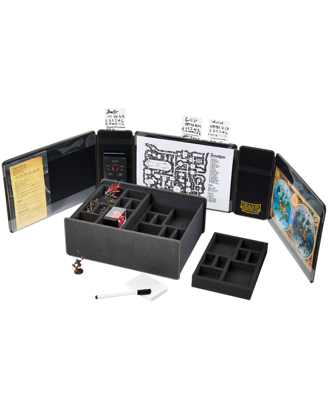 Dragon Shield Iron Grey Game Master Companion featuring compartments for dice, maps, and game accessories, ideal for tabletop gaming.