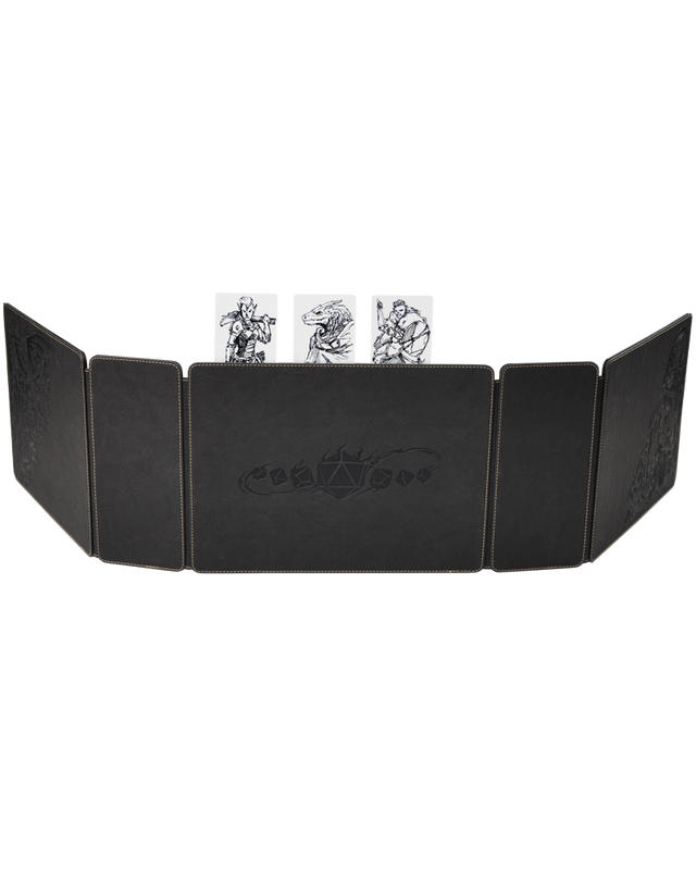 Dragon Shield Iron Grey Game Master Companion features a foldable screen with intricate designs, ideal for tabletop gaming sessions.