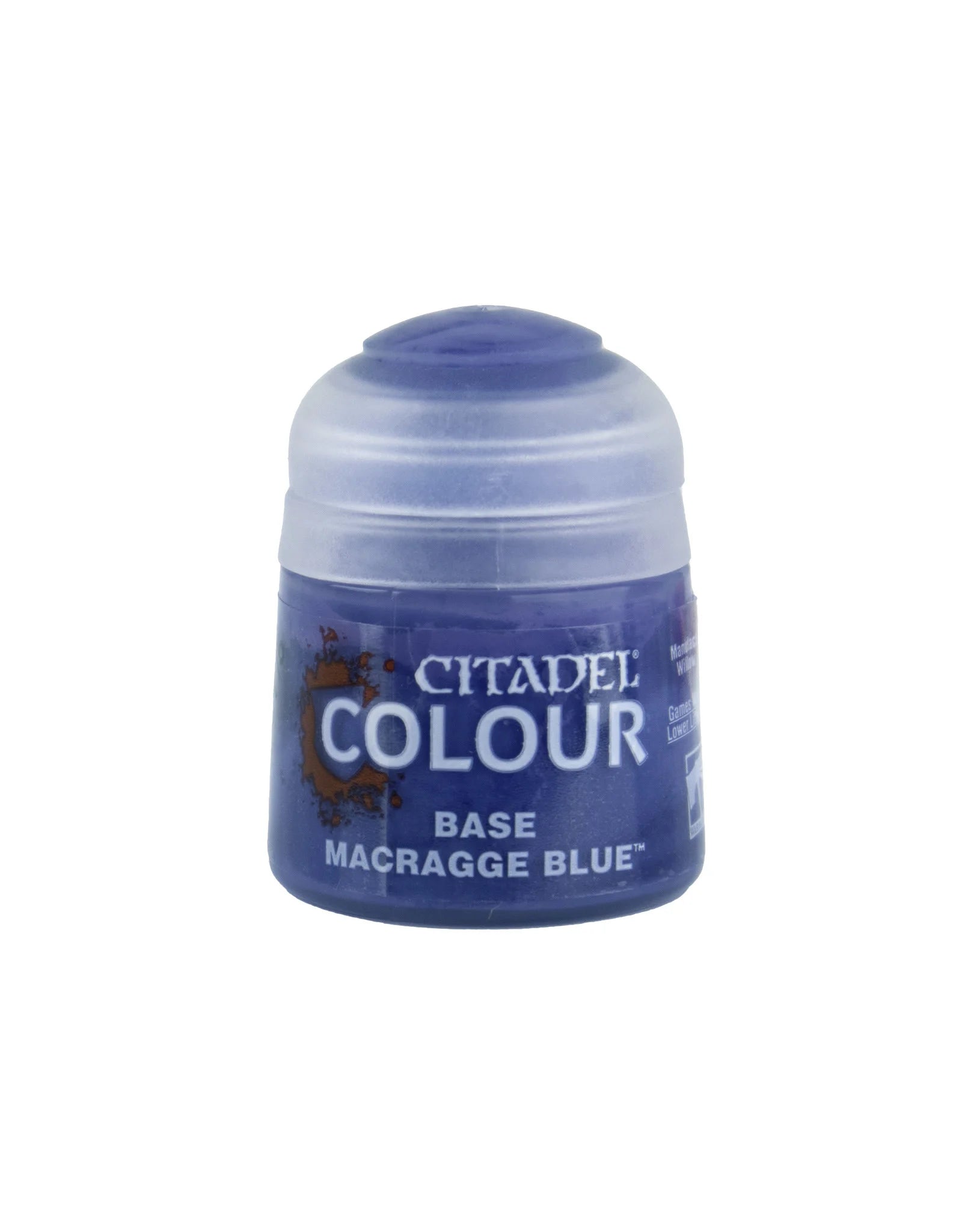Citadel Base Paint in Macragge Blue, 12ml container, designed for miniature painting and hobby projects.