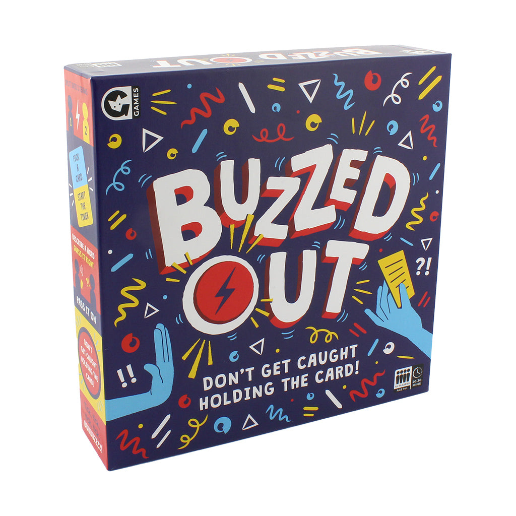 Colorful game box for "Buzzed Out," featuring bold text and playful graphics, emphasizing fun and excitement in gameplay.