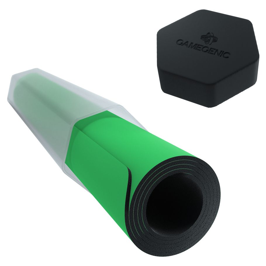 Clear Gamegenic Playmat Tube with a rolled green playmat inside and a black hexagonal cap on top.