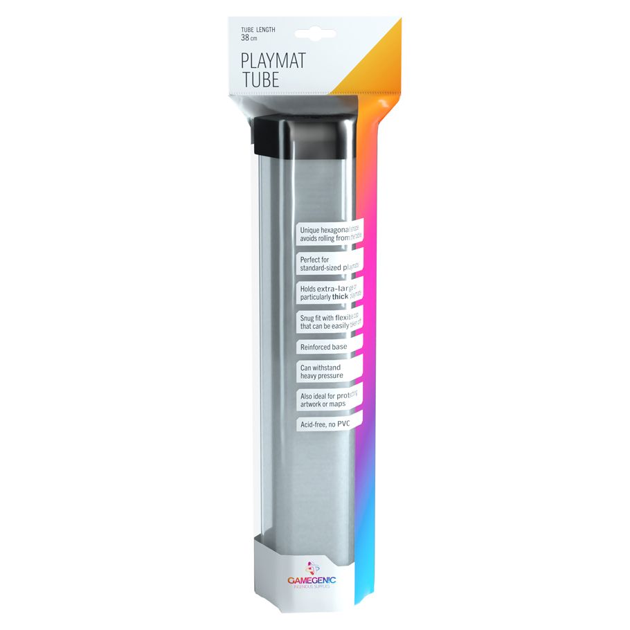 Clear Gamegenic Playmat Tube designed for storing and protecting playmats, featuring a reinforced base for durability.