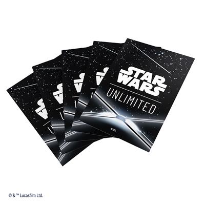 Gamegenic Star Wars Unlimited card sleeves featuring a black background with the logo and starry design for protection.
