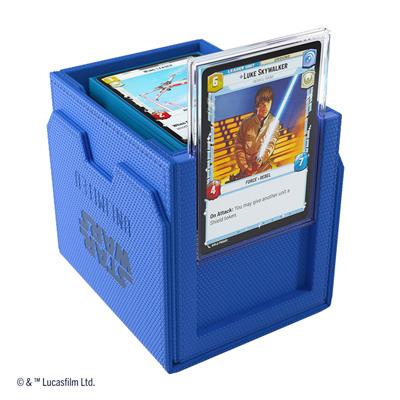 Blue Gamegenic Deck Box for Star Wars Unlimited featuring a card of Luke Skywalker displayed in a protective sleeve.
