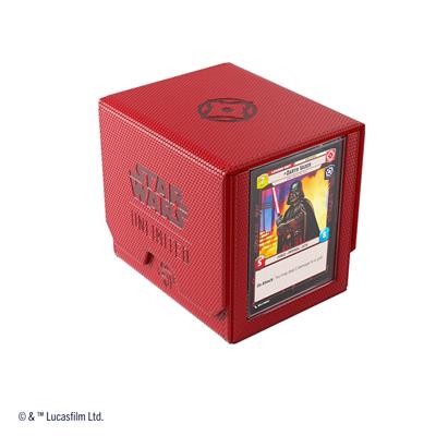 Red Gamegenic Deck Box for Star Wars Unlimited featuring a card display window and textured surface for durability.