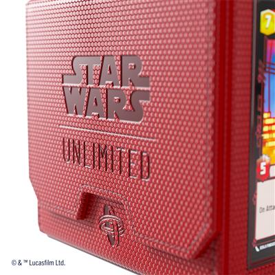 Red Gamegenic Deck Box for Star Wars Unlimited featuring a textured surface and embossed logo for card storage.