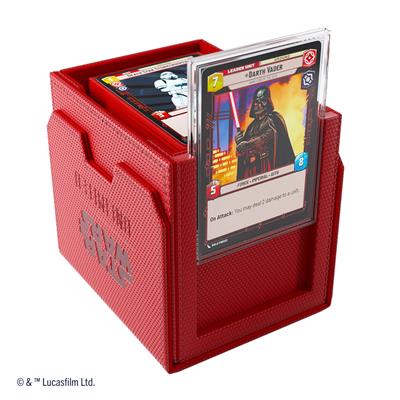Red Gamegenic Deck Box for Star Wars Unlimited featuring a protective sleeve displaying a Darth Vader card.