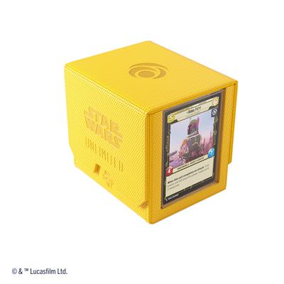 Yellow Gamegenic Deck Box for Star Wars Unlimited featuring a card displayed on the front, designed for card protection.