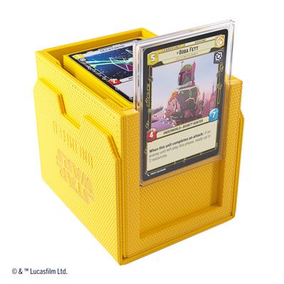 Yellow Gamegenic Deck Box for Star Wars Unlimited, featuring a card of Boba Fett displayed in a protective sleeve.