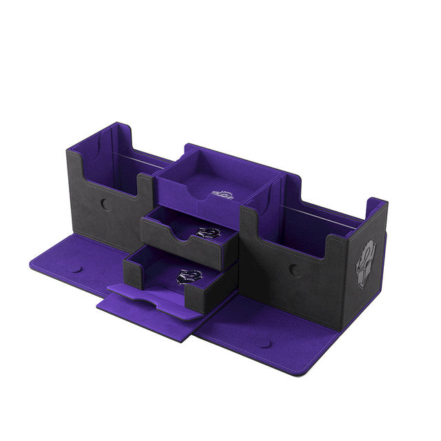 Gamegenic Deck Box The Academic 266+ XL in black and purple, featuring multiple compartments for card storage and organization.