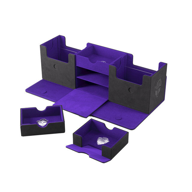 Gamegenic Deck Box The Academic 266+ XL in black and purple, featuring multiple compartments for card storage and organization.