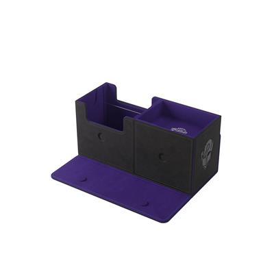 Gamegenic Deck Box The Academic 133+ XL in black and purple, featuring dual compartments and a secure lid for card storage.