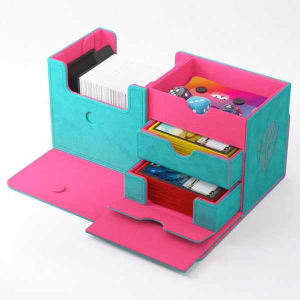 Gamegenic Deck Box The Academic 133+ XL in teal and pink, featuring compartments for cards and accessories.