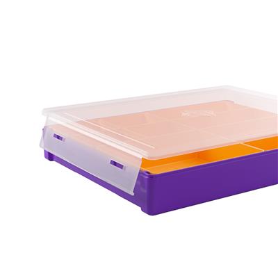Gamegenic Token Silo Convertible in purple and orange, featuring a clear lid and multiple compartments for organizing tokens.