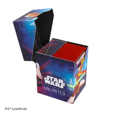Gamegenic Deck Box featuring Star Wars Unlimited design with Ahsoka Tano and General Grievous, holding trading cards.