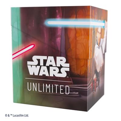 Gamegenic Deck Box featuring Star Wars Unlimited design with Obi-Wan and Darth Maul, showcasing vibrant lightsabers.