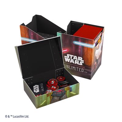 Gamegenic Deck Box featuring Star Wars Unlimited design with Obi-Wan and Darth Maul, showcasing red card sleeves and tokens.