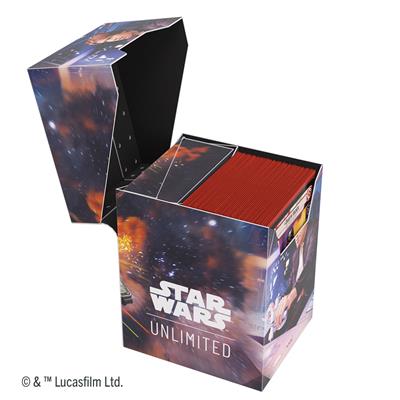 Gamegenic Deck Box featuring Han Solo and the Millennium Falcon design, ideal for storing trading cards in style.