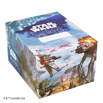 Gamegenic Deck Box featuring Star Wars Unlimited artwork, depicting the Battle of Scarif with iconic ships and characters.