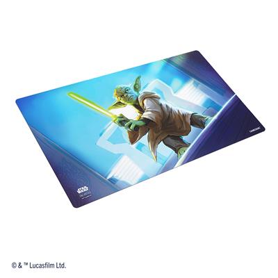 Gamegenic playmat featuring Yoda from Star Wars Unlimited, holding a lightsaber against a futuristic background.