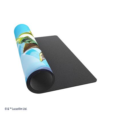 Gamegenic Playmat featuring Yoda from Star Wars Unlimited, rolled partially with a textured black underside.