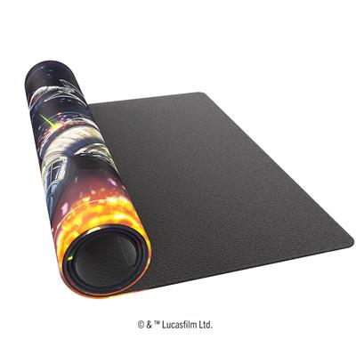 Xtra-wide Gamegenic playmat featuring a vibrant Star Wars design, rolled partially open on a textured black surface.