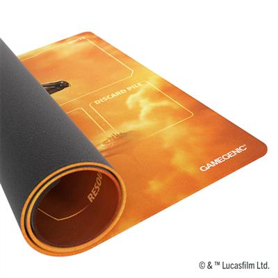 Gamegenic Playmat featuring Star Wars Unlimited design with Fett's Firespray, showcasing vibrant colors and game zones.