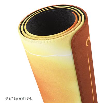 Rolled Gamegenic playmat featuring Star Wars Unlimited design with Fett's Firespray, showcasing vibrant colors and textures.