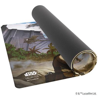 Gamegenic Playmat featuring Star Wars Unlimited design, depicting the Battle of Scarif with vibrant artwork and a rolled edge.