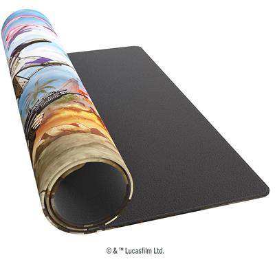 Gamegenic Playmat featuring vibrant artwork from Star Wars Unlimited's Battle of Scarif, rolled out with a textured black underside.