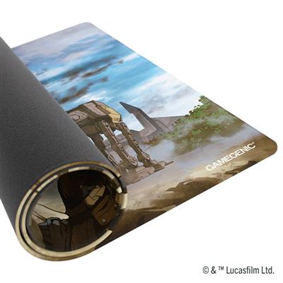 Gamegenic Playmat featuring Star Wars Unlimited design, depicting the Battle of Scarif with iconic vehicles and scenery.