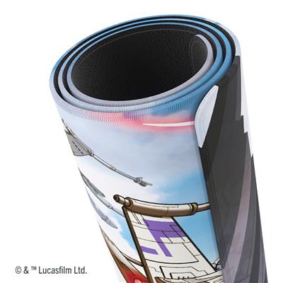 Rolled Gamegenic playmat featuring Star Wars Unlimited design, depicting the Battle of Scarif with vibrant colors.