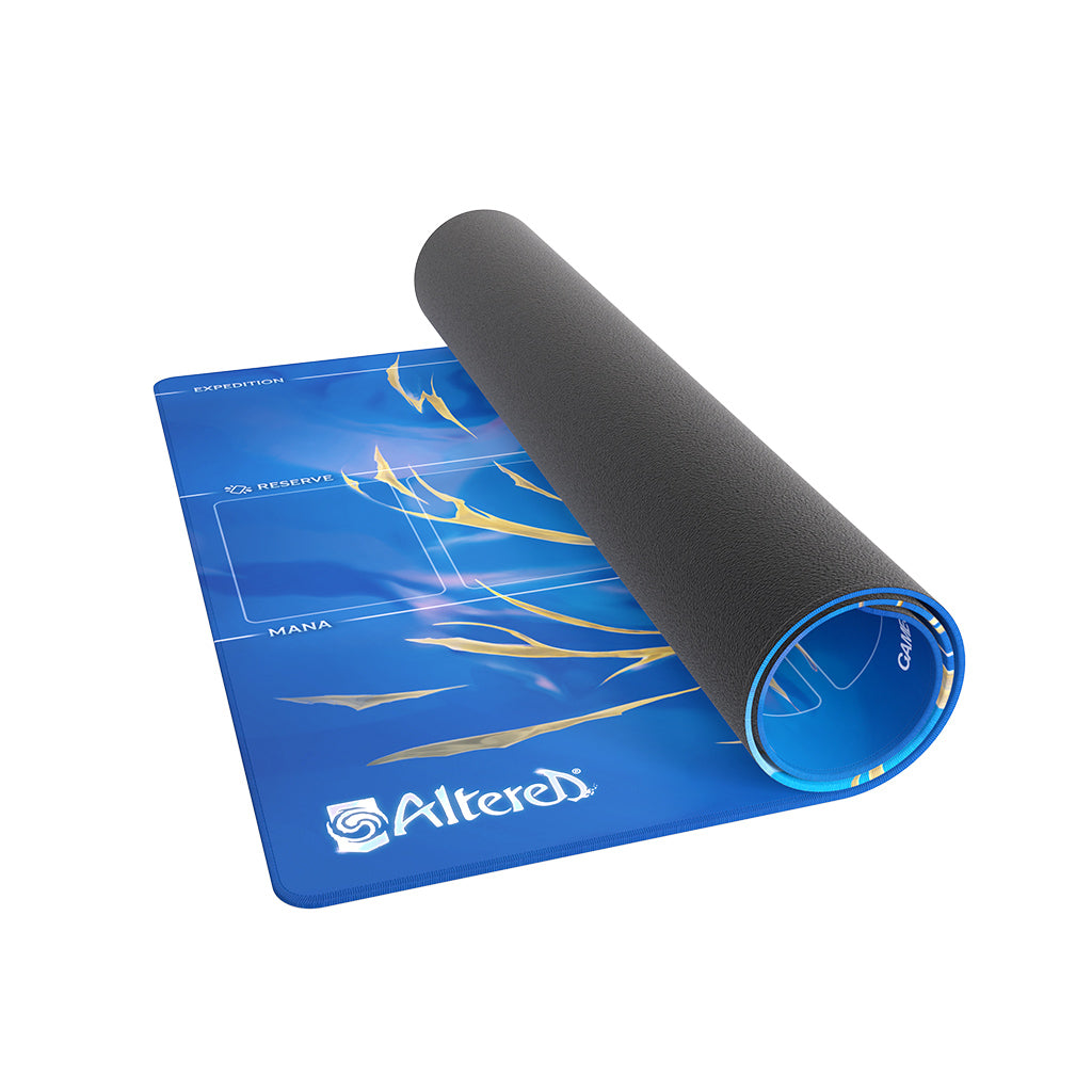 Blue playmat featuring an icy storm design, rolled partially, ideal for trading card games and tabletop play.