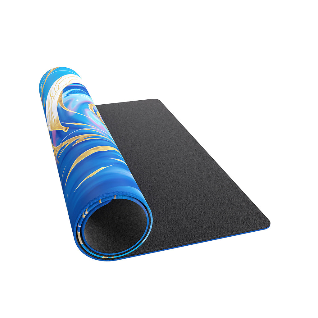 Blue and gold themed playmat featuring an ice storm design, rolled partially to show the textured underside.