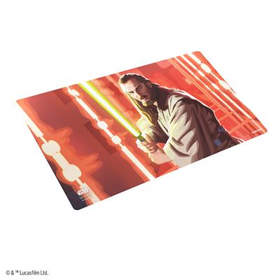 Star Wars Unlimited Qui-Gon Jinn playmat featuring the Jedi holding a lightsaber against a vibrant background.